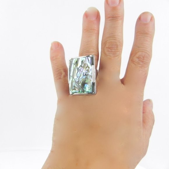 Silver Abalone Ring | 925 Silver Large Chunky Rectangular Accent Ring - Picture 8 of 11